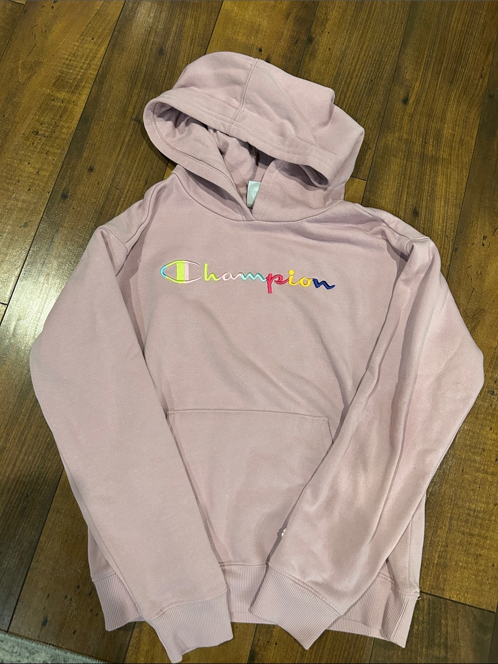 Champion Lavender Hoodie with Rainbow Script Logo